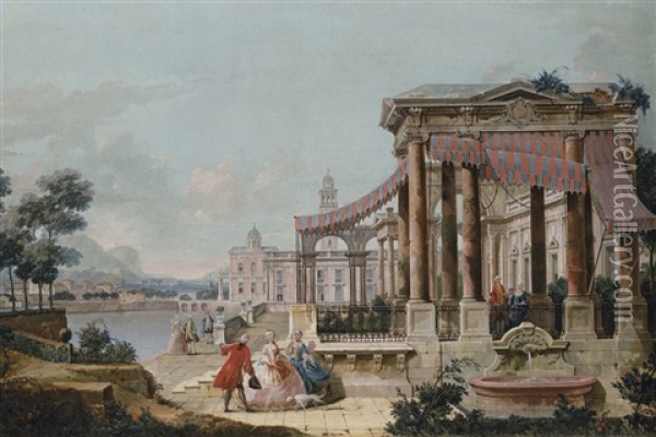 A Capriccio Of A Neoclassical Loggia On The Embankment Of A Canal, The Buildings Of A Town And A Mountainous Landscape Beyond Oil Painting - Francesco Battaglioli