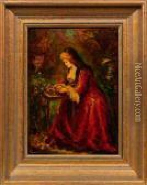 Sitzende Dame In Rotem Kleid Oil Painting - Adolphe Joseph Th. Monticelli