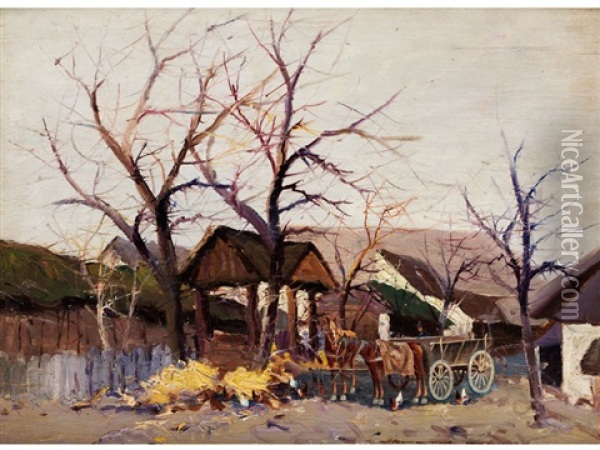 Pferdekarren In Einem Bauerndorf Unter Kahlen Baumen Oil Painting - Wilhelm Sprenger