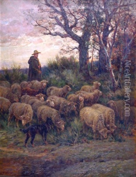 Schafer Mit Seiner Herde Oil Painting - James Desvarreux-Larpenteur