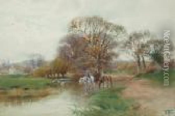 A Figure And Horses Crossing A River, A Village In The Distance. Oil Painting - Henry Charles Fox