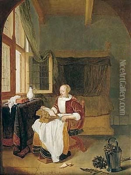 An Interior With A Woman Reading By An Open Window Oil Painting - Quiringh Gerritsz. van Brekelenkam