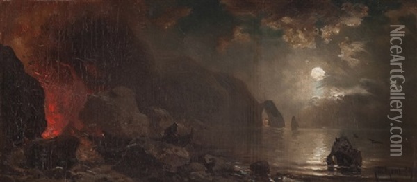 Vulkan An Mediterraner Kuste Bei Nacht Oil Painting - Carl Hilgers