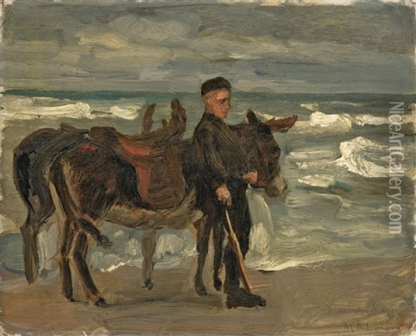 Junge Mit Zwei Reiteseln Am Meer (+ Badende Knaben, Verso) Oil Painting - Max Liebermann