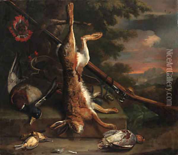 Still life of dead game, with a hare, a mallard, an English partridge and other birds with a gun by a tree, in a wooded landscape Oil Painting - Charles Collins