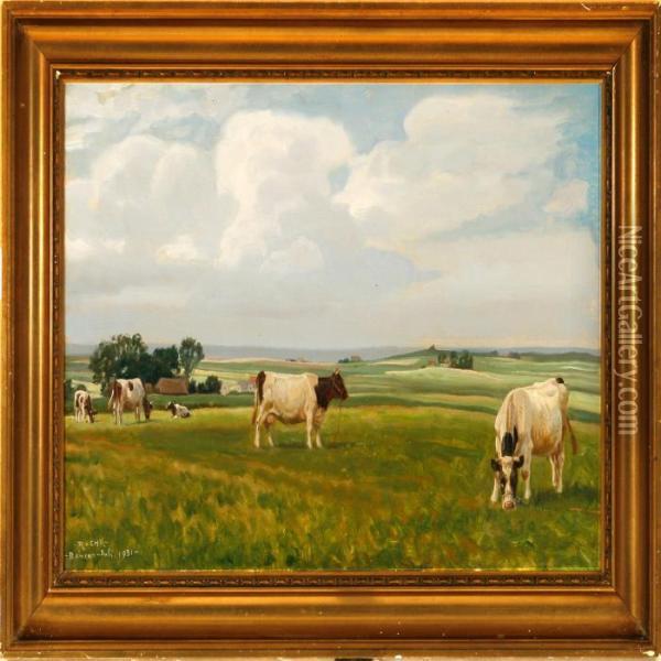 Cows On A Fieldnear Benzon Manor Oil Painting - Rasmus Christiansen