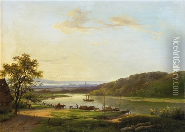 Weite Flusslandschaft Mit Schiffen Und Pferdefuhrwerken Oil Painting - Marinus Adrianus Koekkoek