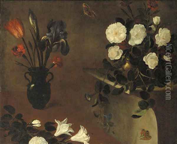 An iris, a tulip and carnations in a vase with roses in a copper bowl on a pedestal nearby - a fragment Oil Painting - Bernard Picart