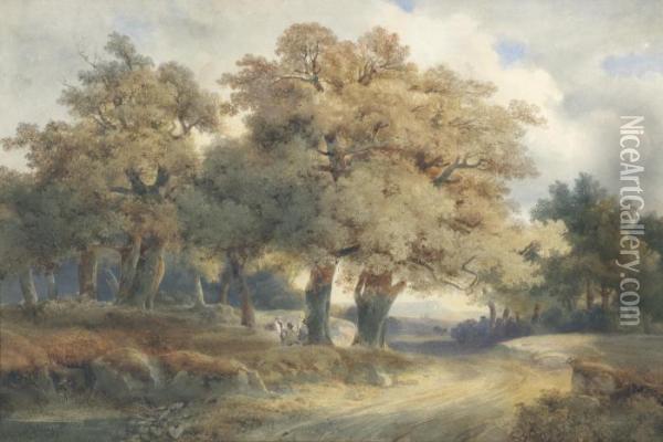 Arbres, Chemins Et Personnages Oil Painting - Alexandre Calame