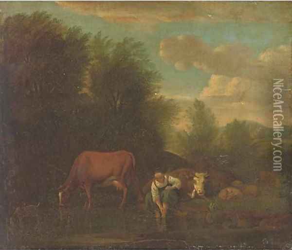 A landscape with a woman bathing at a river with cattle Oil Painting - Adriaen Van De Velde
