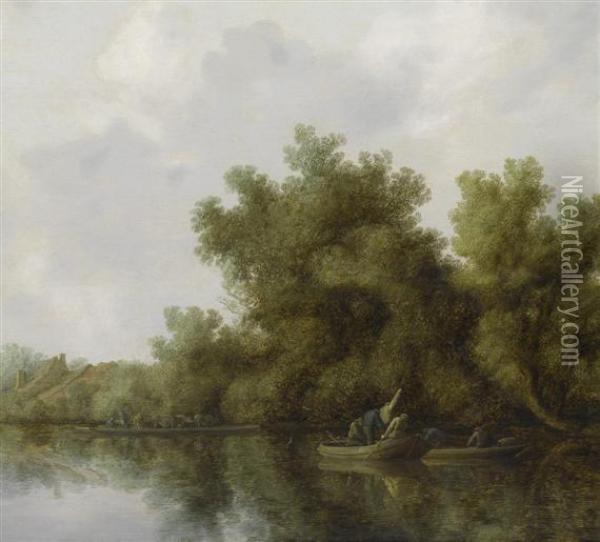 River Landscape Withfishermen Oil Painting - Salomon van Ruysdael