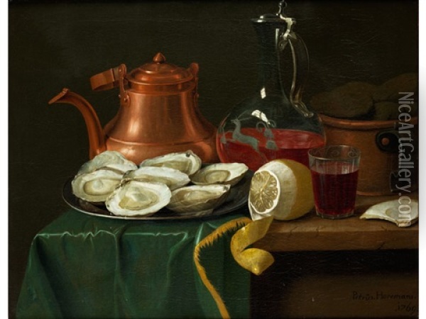 Ein Stillleben Mit Austern, Zitrone, Karaffe Und Kupferkrug Oil Painting - Peter Horemans