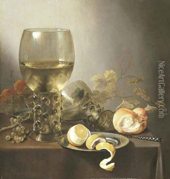 A giant roemer, an upturned roemer, grapes on the vine, a roll of bread, a knife and a partly-peeled lemon on a platter on a draped table Oil Painting - Pieter Claesz.