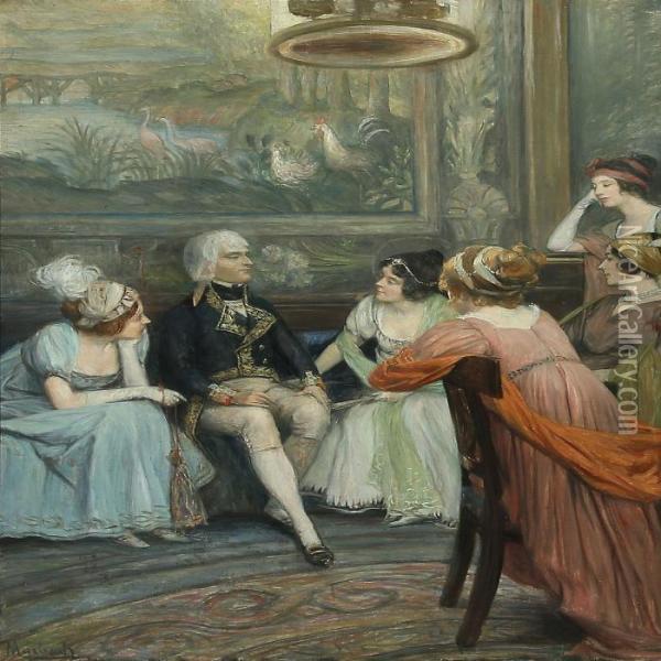 Gentleman Surrounded By Beautiful Women Oil Painting - Felician Von Myrbach-Reinfeld