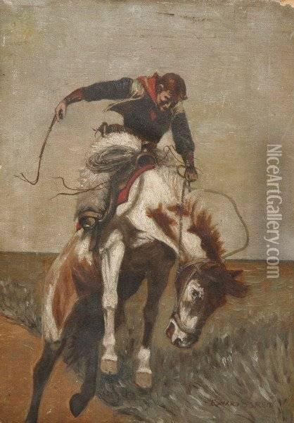 Cowboy With Lasso On Horse,
 Signed Lower Right Oil Painting - John Edward Borein