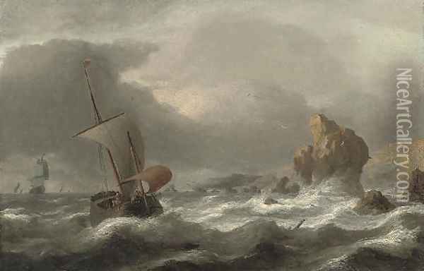 A rocky coastline with shipping in choppy seas Oil Painting - Simon De Vlieger