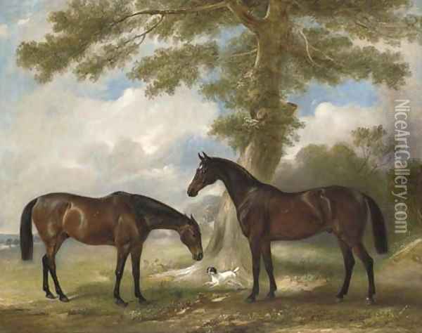 Two bay mares with a terrier by a tree, in a landscape Oil Painting - John Snr Ferneley