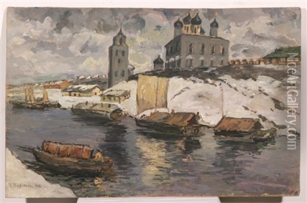 Monastery On The Pskov River Oil Painting - Konstantin Ivanovich Gorbatov