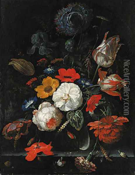 Roses, parrot tulips, poppies, morning glory, a carnation, an iris, paeonies and other flowers, with ears of corn in a glass vase with snails Oil Painting - Abraham Mignon
