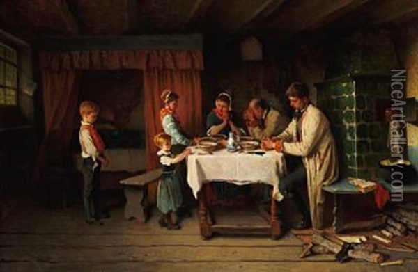 The Grace. Schwabian Farmers At Their Dinner Oil Painting - Max Michael