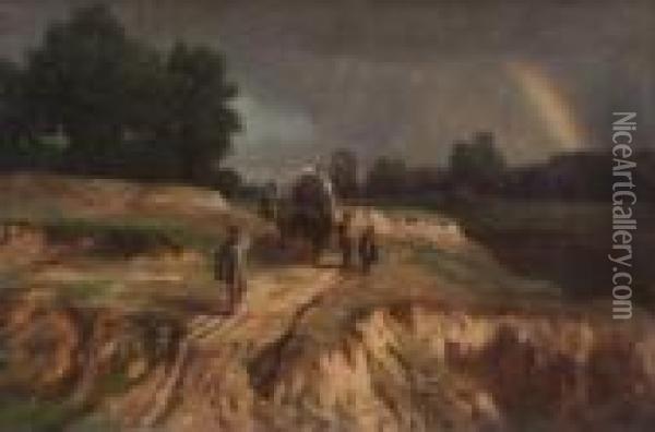 Bauern Mit Heuwagen Auf Dem
 Heimweg Bei Abziehendem Gewitter. Oil Painting - Paul Weber