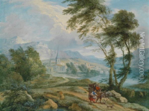 Reisende Mit Pferd Und Wagen In Einer Weiten Flusslandschaft Oil Painting - Joachim Franz Beich