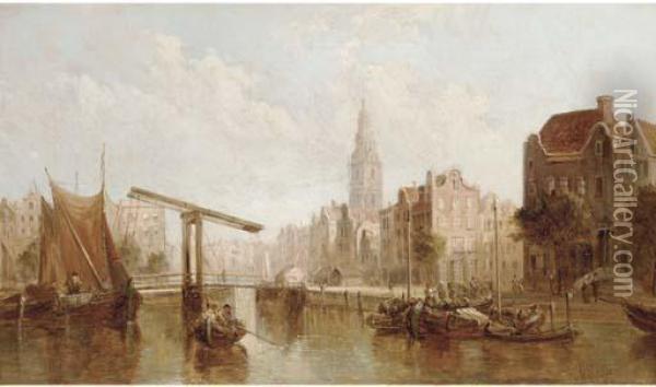 A View Of The Zuiderkerk From The Groenburgwal Canal,amsterdam Oil Painting - Alfred Pollentine