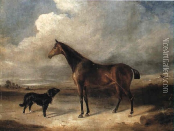 A Bay Hunter And Dog, In An Extensive Landscape Oil Painting - Edmund Bristow