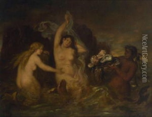 Die Gaben Des Meeres Werden Zwei Meerjungfrauen Von Einem Mannlichen Wasserwesen Prasentiert Oil Painting - Ludwig Adam Kunz