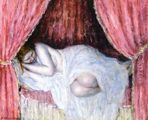 Nude Behind Red Curtains Oil Painting - Frederick Carl Frieseke