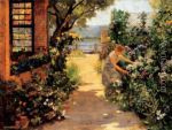 Flowery Garden By The Lake Oil Painting - Eugen Karpathy