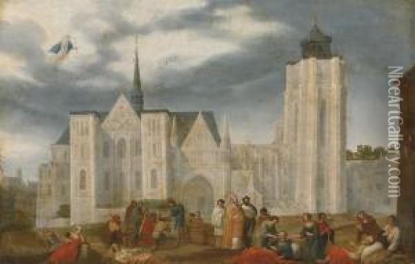 Acts Of Mercy: The Feeding Of The Sick And The Feeding Of The Hungry Before A 'capriccio' Of A Cathedral Oil Painting - Claes Dircksz. Van Der Heck