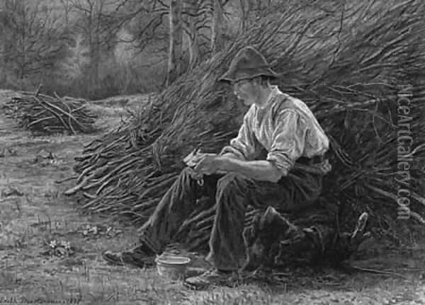 A Woodcutter sitting on a Log eating Lunch Oil Painting - Edith Martineau
