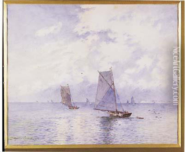 Aquarelle Representant Des 
Bateaux De Peche Sur Une Mer Formee, Signee Et Datee A Gauche 1891. Oil Painting - Maurice Francois A. Courant