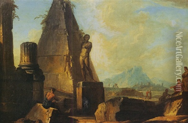 Ruines D'un Temple Antique Avec Une Statue Pres De La Pyramide De Caius Cestius Oil Painting - Jean Nicolas Servandoni