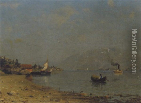 Norwegische Fjordlandschaft Mit Fischerdorf Oil Painting - Adelsteen Normann