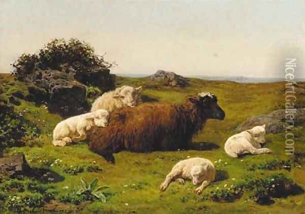 A sheep and lambs resting in a moorland landscape Oil Painting - Juliette Peyrol Bonheur
