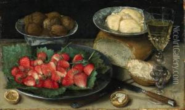 Strawberries On A Plate, Walnuts
 In A Porcelain Bowl, Butter On Aplate, A Loaf Of Bread, A Faon De 
Venise Wine Glass, A Knife And Afork On A Table Oil Painting - Georg Flegel