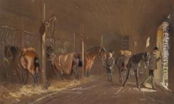 Landlicherpferdestall Und Manner In Tracht Vor Dem Ausritt Oil Painting - Carl Goebel