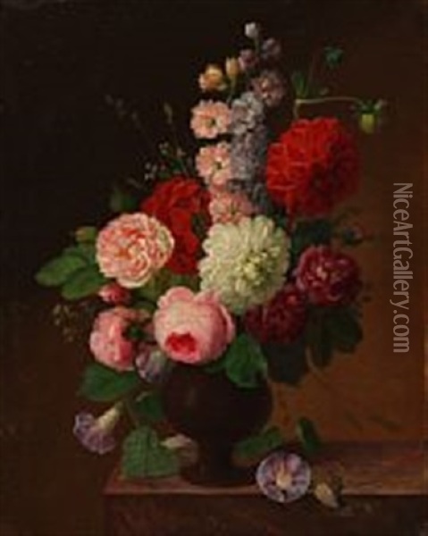 Bouquet Of Roses, Dahlias, Matthiolas And Bindweed In A Vase On A Sill Oil Painting - Johannes Ludwig Camradt