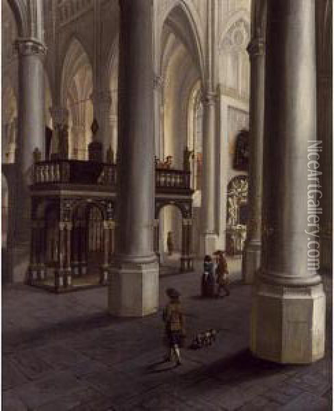 A Church Interior With Elegant Figures Together With A Dog, And Figures Playing Music Oil Painting - Hendrick Van Vliet