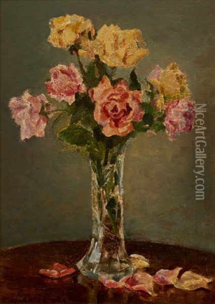 Still Life With Roses In Vase Oil Painting - Ethel Carrick Fox