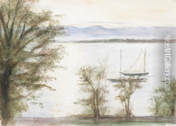 Paysage De Lac Avec Un Bateau Oil Painting - Jeanne Guerard-Gonzales