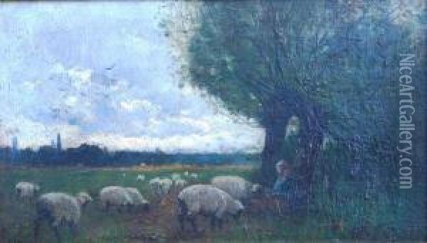 Shepherdess Seated Beneath Tree With Sheep In Foreground Oil Painting - Edward Aubrey Hunt