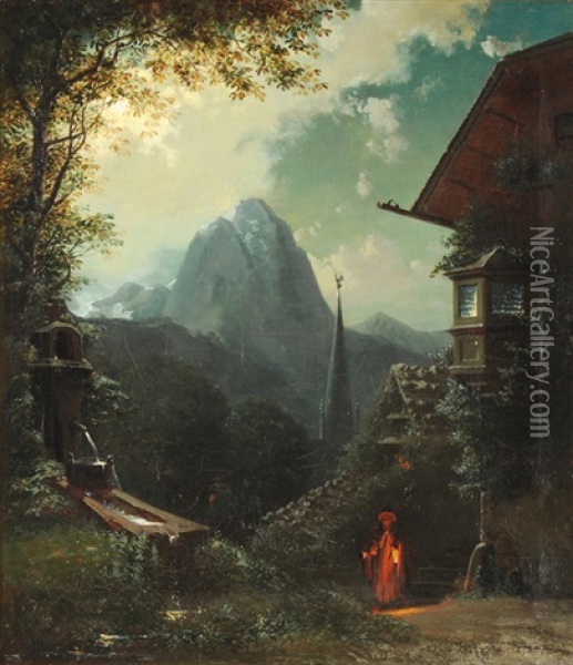 Mondnacht In Partenkirchen Oil Painting - Jost Joseph Niklaus Schiffmann