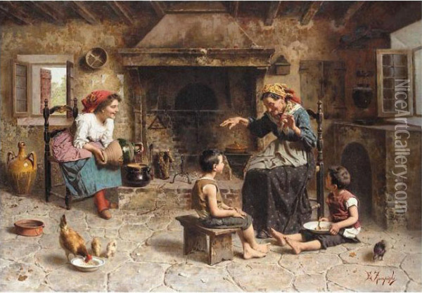 Playing With Grandmother Oil Painting - Eugenio Zampighi