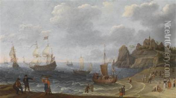 Coastal Landscape With Fishermen Hauling In Their Catch Oil Painting - Isaac Willaerts