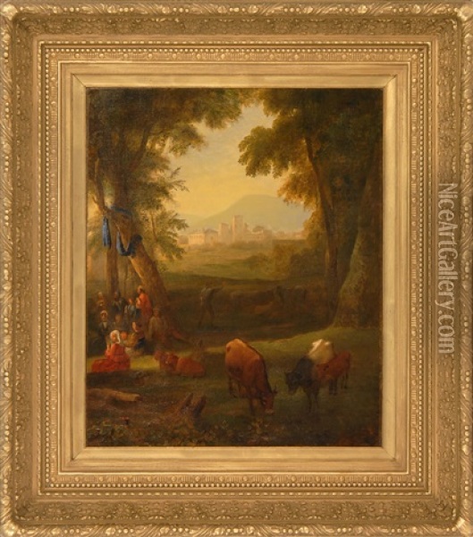 Cattle And Figures With A Castle And Mountains In The Background Oil Painting - Asher Brown Durand