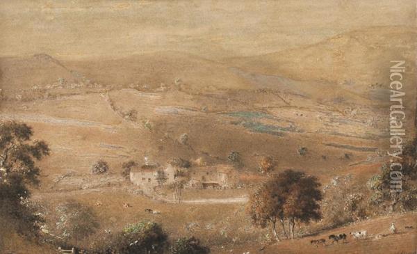 Valley Landscape With Farm Houses And Figures Oil Painting - Henry Burn