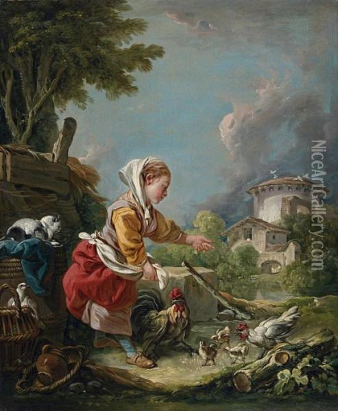 Junges Madchen Beim Huhnerfuttern Oil Painting - Francois Boucher